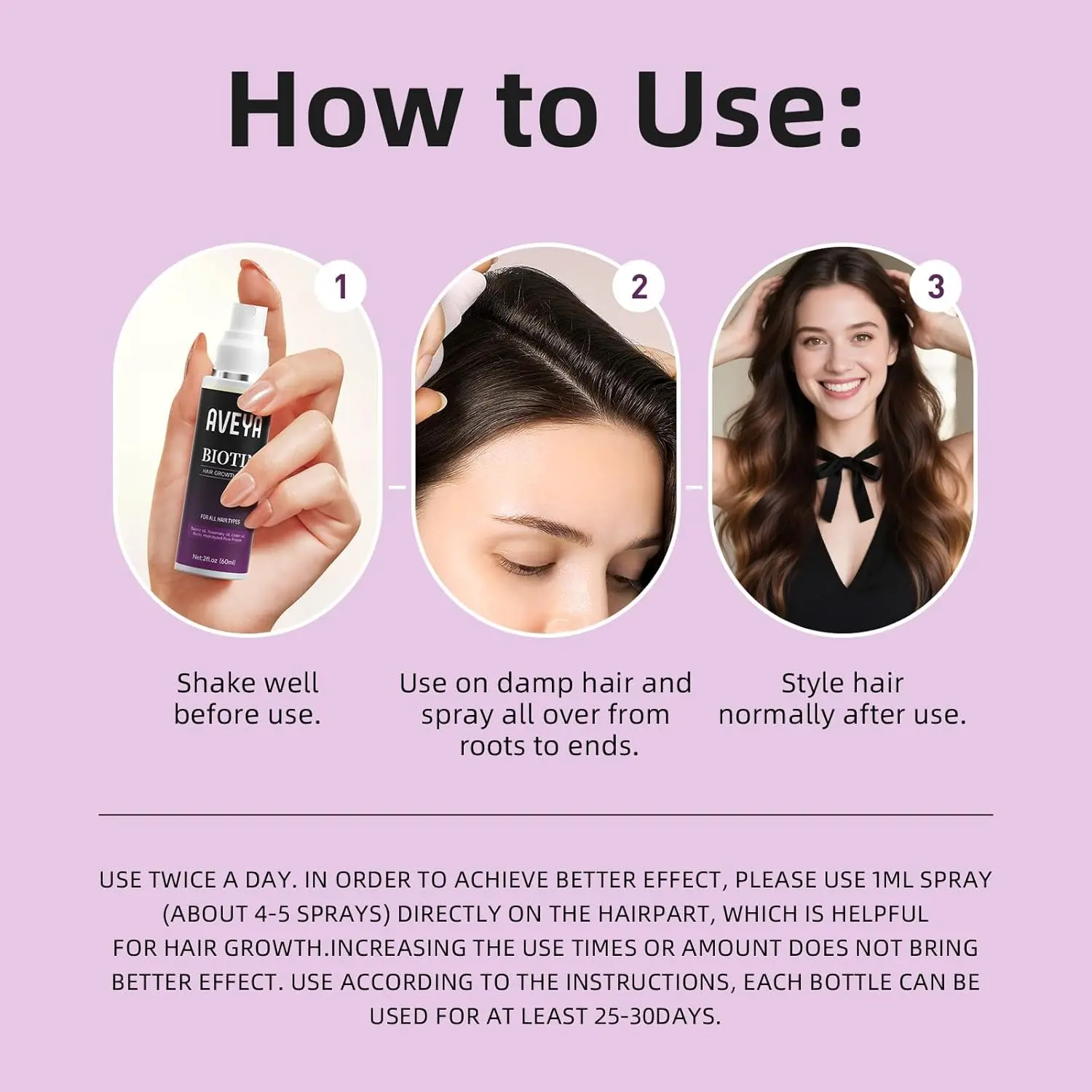 A bottle of hair growth spray with rosemary, batana, and biotin, formulated to help strengthen and thicken hair, and prevent hair loss.