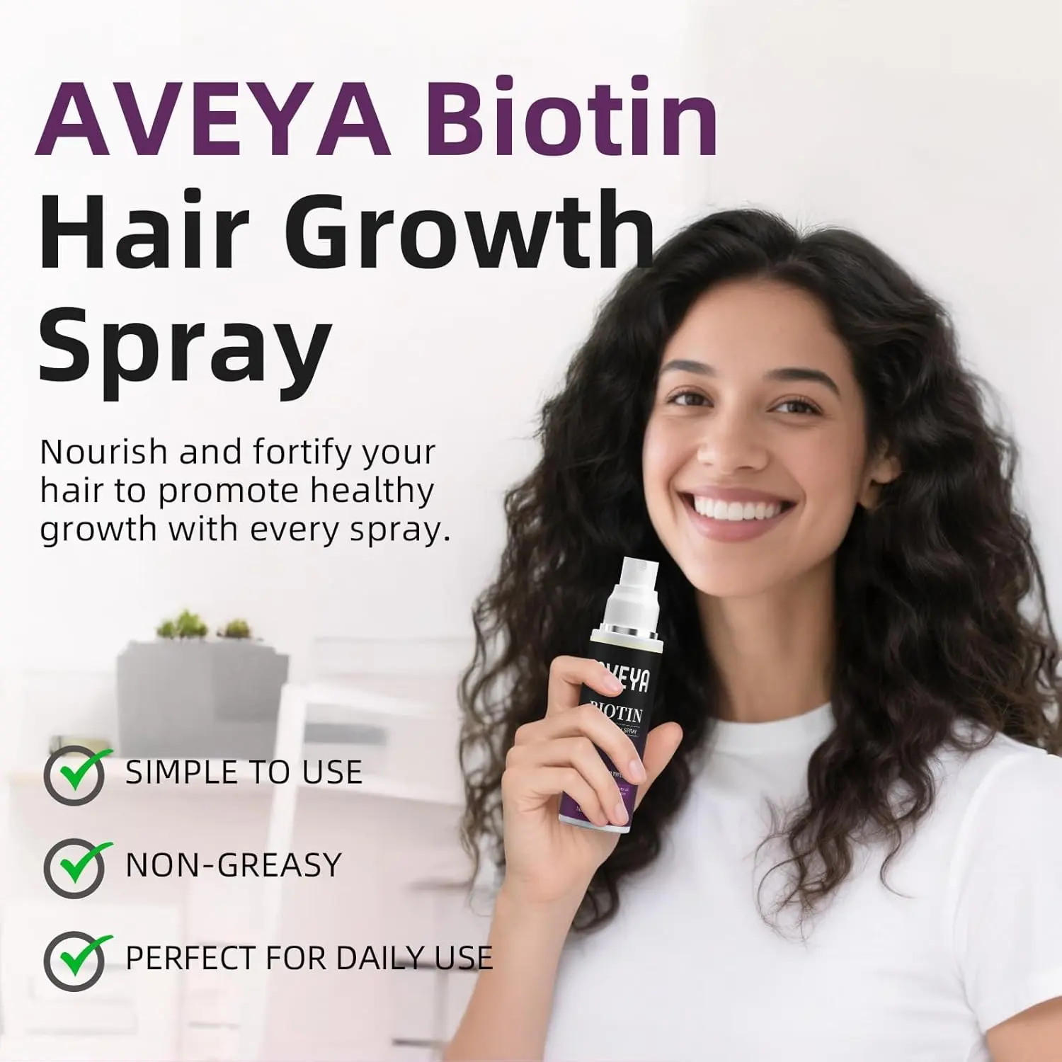 A bottle of hair growth spray with rosemary, batana, and biotin, formulated to help strengthen and thicken hair, and prevent hair loss.