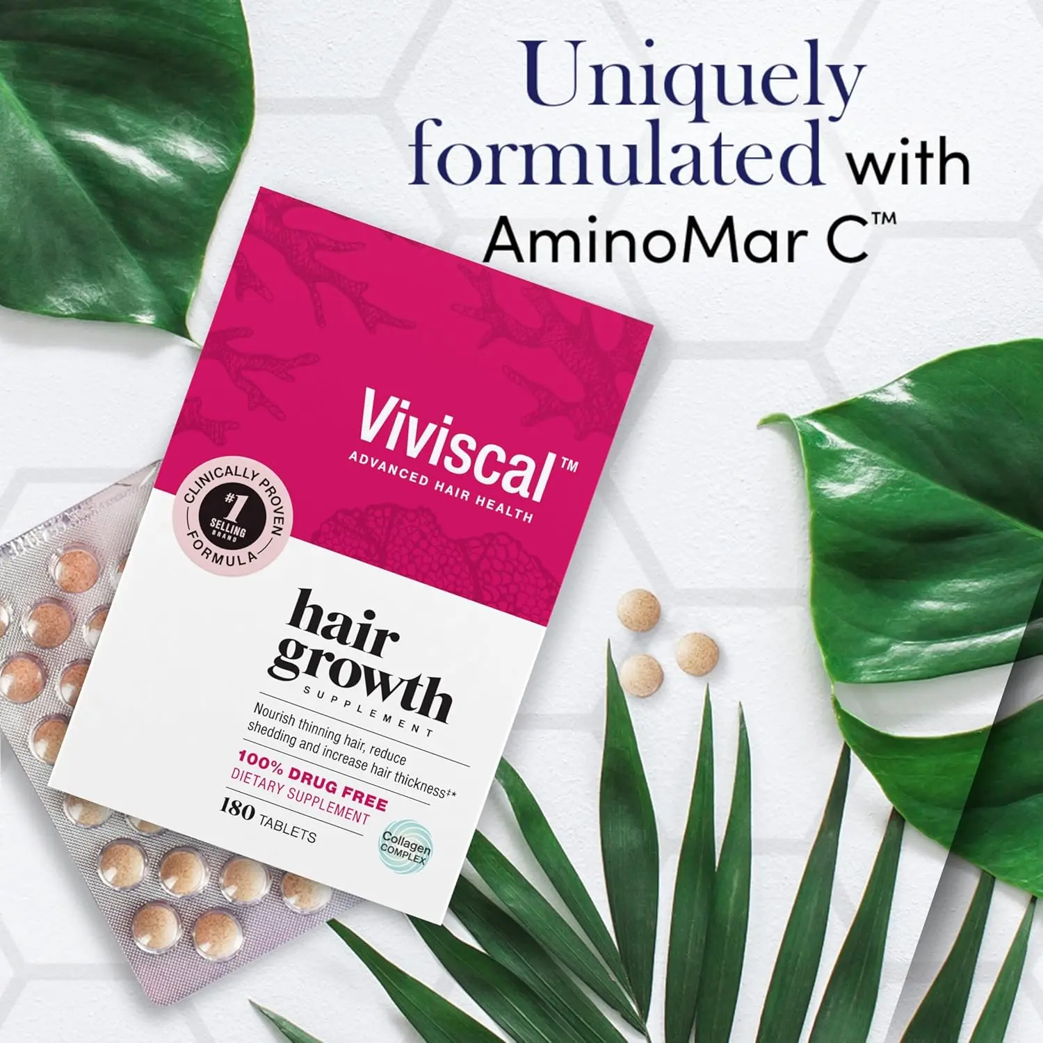 Viviscal hair growth supplement provides essential nutrients, vitamins and minerals like Biotin, Vitamin C, Zinc and Iron to support thicker, fuller hair and reduce shedding for women.