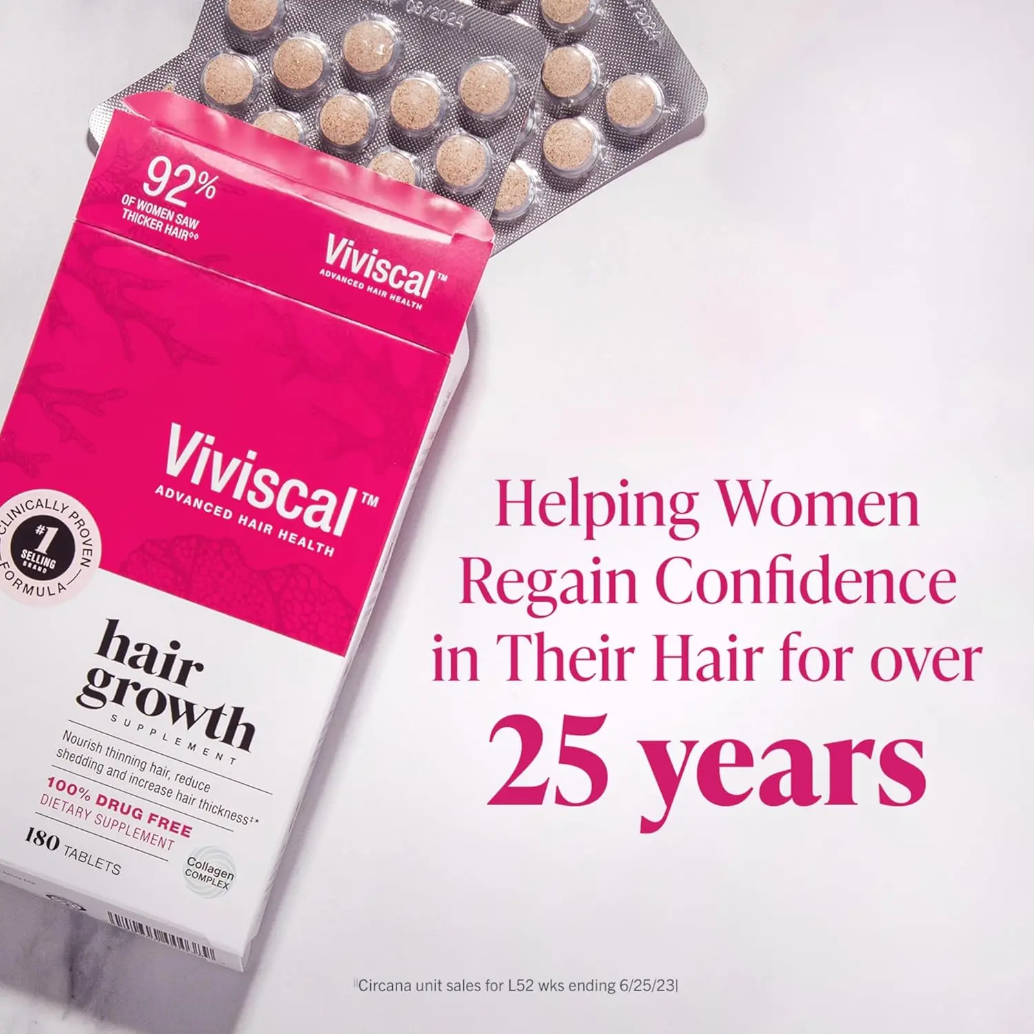 Viviscal hair growth supplement provides essential nutrients, vitamins and minerals like Biotin, Vitamin C, Zinc and Iron to support thicker, fuller hair and reduce shedding for women.