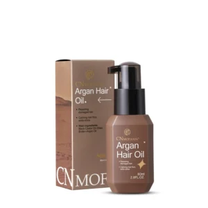 Nourishing hair oil serum with argan oil and shea butter for intense moisture, frizz control, split end repair, heat protection, and enhanced shine on dry, damaged hair.