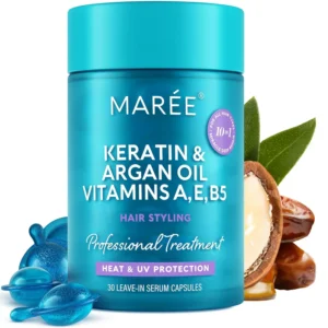 MAREE hair oil capsules with keratin, argan, and jojoba oil to repair damaged hair, reduce frizz, seal split ends, and add shine, perfect for all hair types.