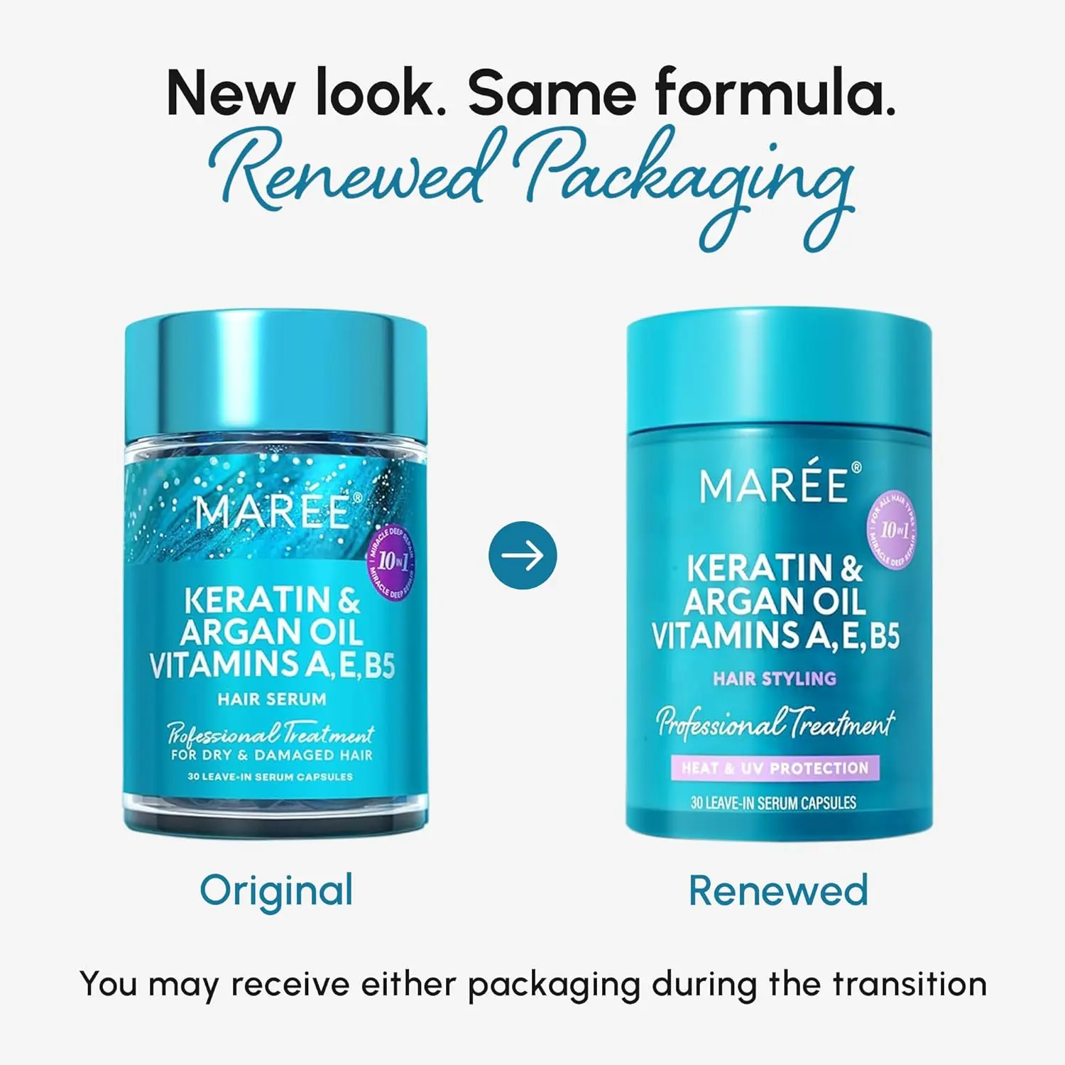 MAREE hair oil capsules with keratin, argan, and jojoba oil to repair damaged hair, reduce frizz, seal split ends, and add shine, perfect for all hair types.