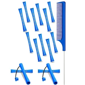 This set of 30 blue hair perm rods includes a rat tail comb for easy, heat-free styling, perfect for creating curls and waves at home.