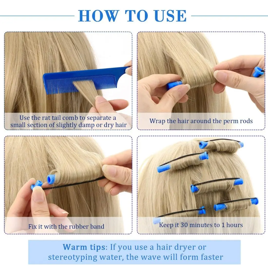 This set of 30 blue hair perm rods includes a rat tail comb for easy, heat-free styling, perfect for creating curls and waves at home.