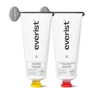 Everist haircare essential duo with concentrated shampoo and deep conditioner that repairs and smooths hair, ideal for sensitive scalps.