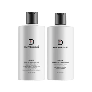 De Fabulous hair repair shampoo and conditioner set infused with triple protein formula to restore chemically treated, damaged hair while protecting against UV rays and environmental damage.