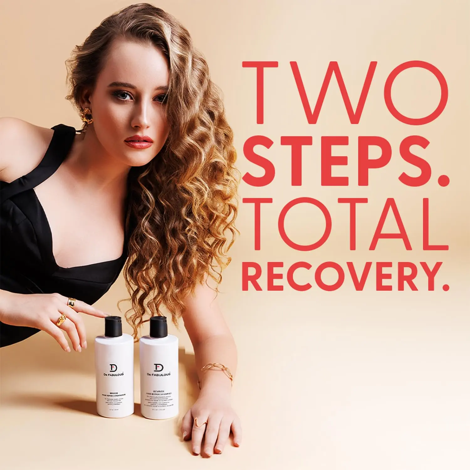 De Fabulous hair repair shampoo and conditioner set infused with triple protein formula to restore chemically treated, damaged hair while protecting against UV rays and environmental damage.