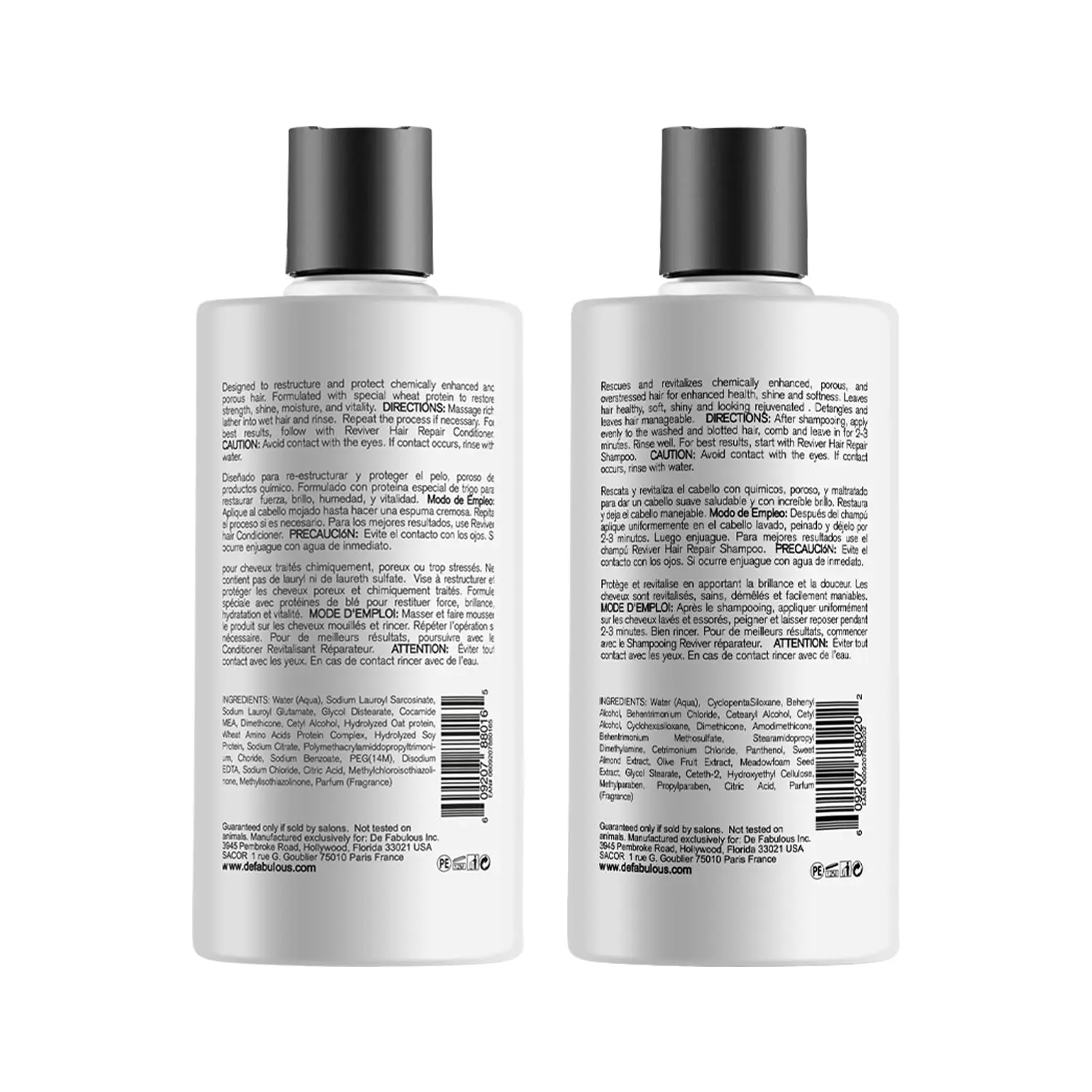 De Fabulous hair repair shampoo and conditioner set infused with triple protein formula to restore chemically treated, damaged hair while protecting against UV rays and environmental damage.