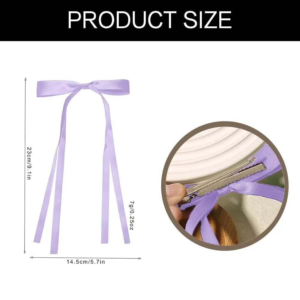 Two purple hair ribbon bows are displayed, perfect hair accessories for women and girls to add a sweet and lovely feeling to hairstyles for daily dressing, weddings, and special occasions.