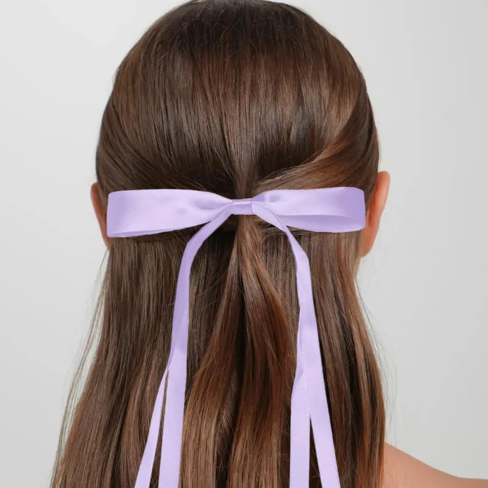 Two purple hair ribbon bows are displayed, perfect hair accessories for women and girls to add a sweet and lovely feeling to hairstyles for daily dressing, weddings, and special occasions.