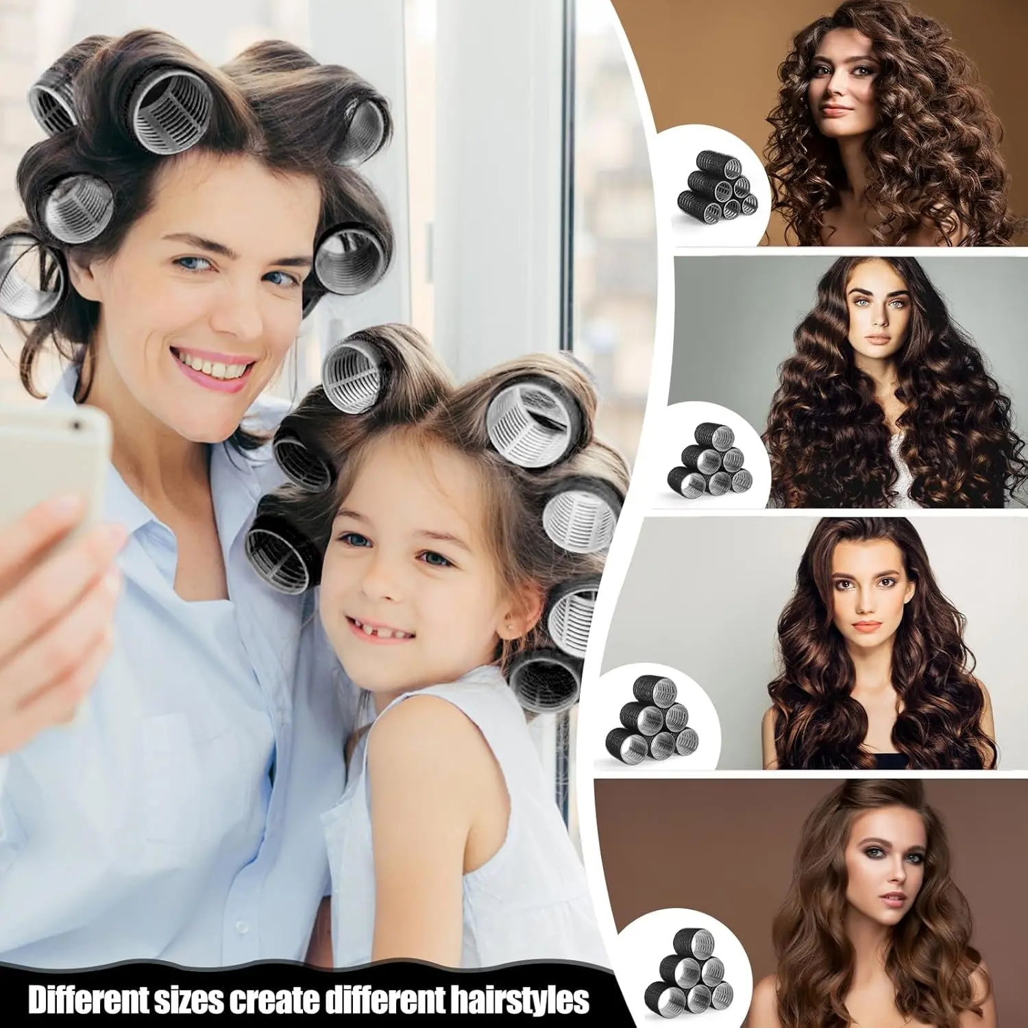 This 50-piece hair roller set includes self-adhesive curlers in four sizes, clips, a rat tail comb, and a storage bag for creating heatless curls for various hair types and styles.