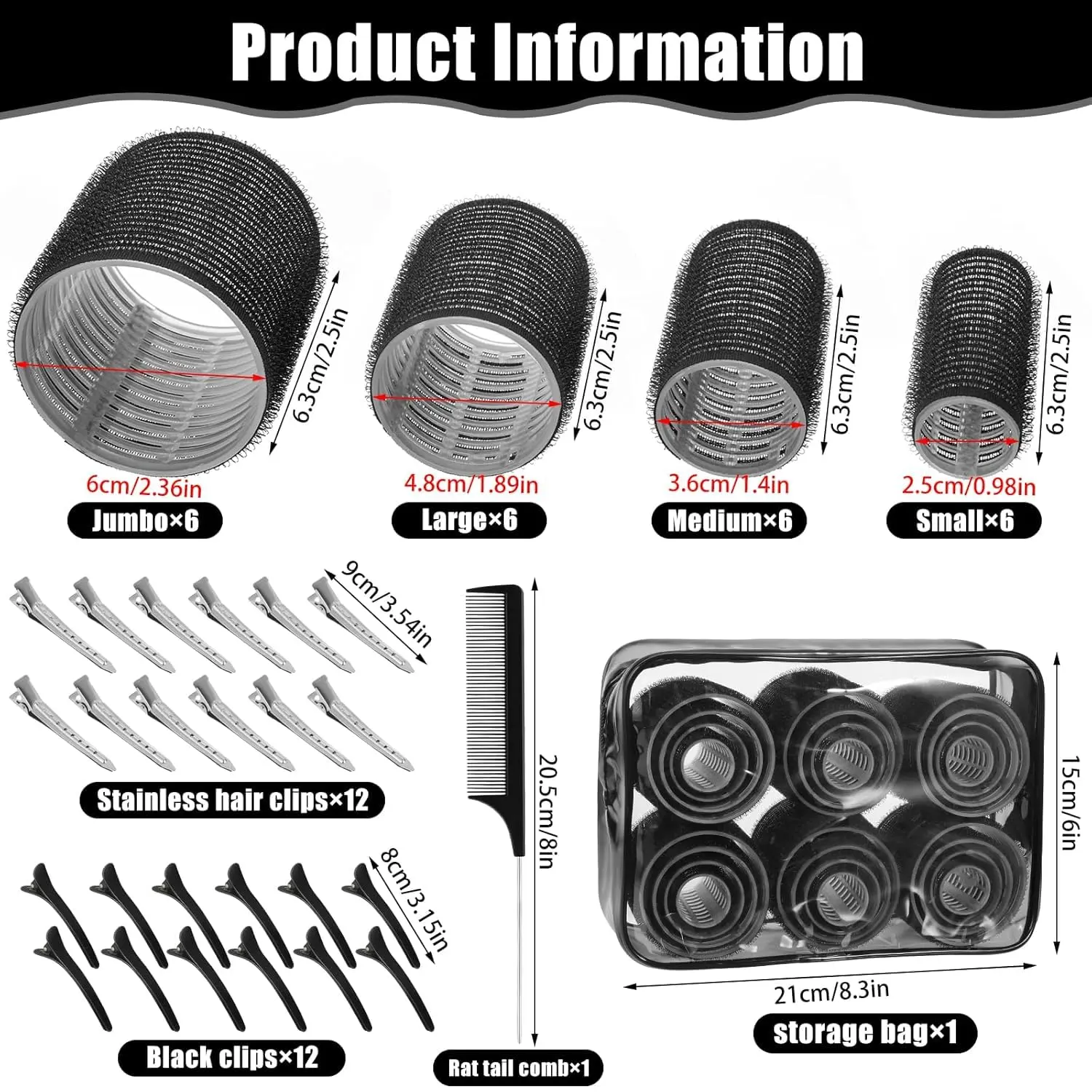 This 50-piece hair roller set includes self-adhesive curlers in four sizes, clips, a rat tail comb, and a storage bag for creating heatless curls for various hair types and styles.