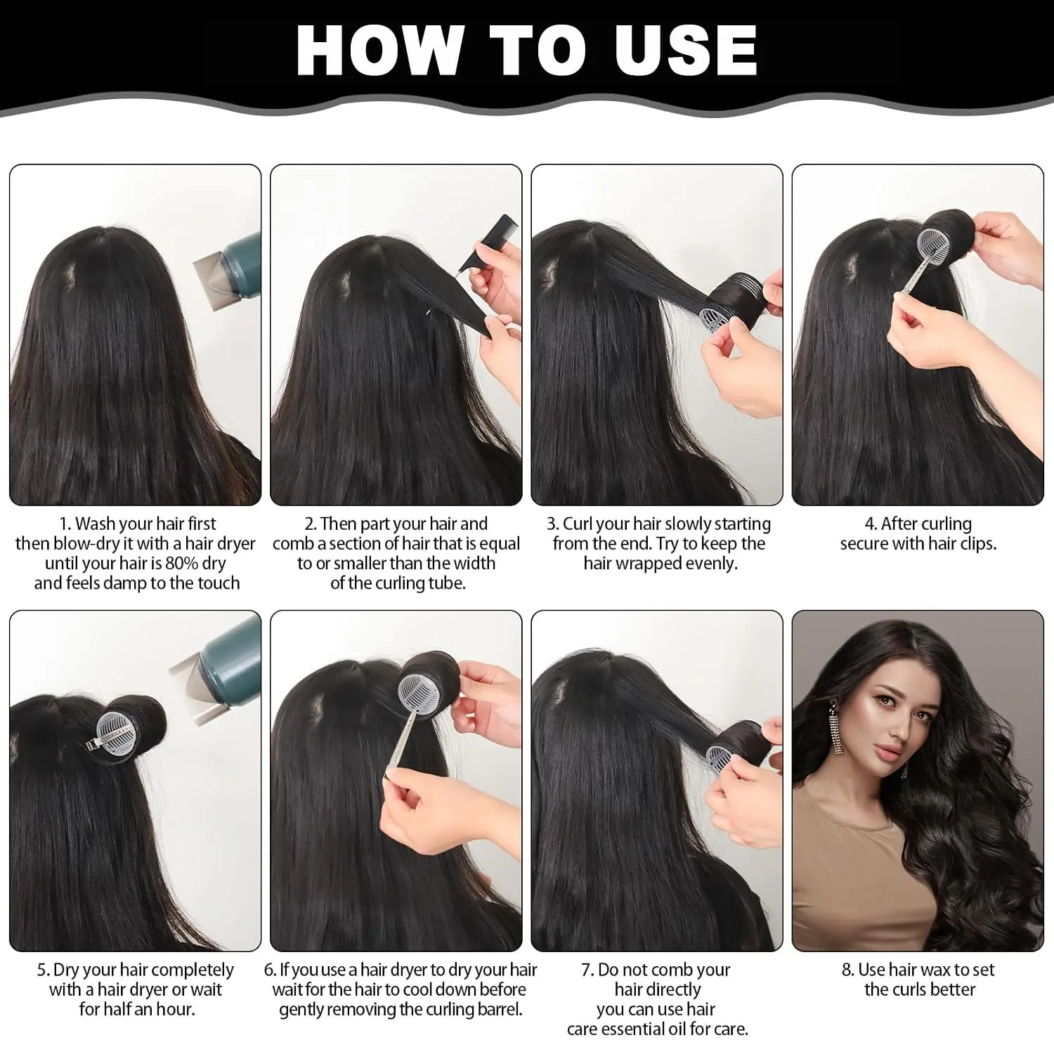 This 50-piece hair roller set includes self-adhesive curlers in four sizes, clips, a rat tail comb, and a storage bag for creating heatless curls for various hair types and styles.