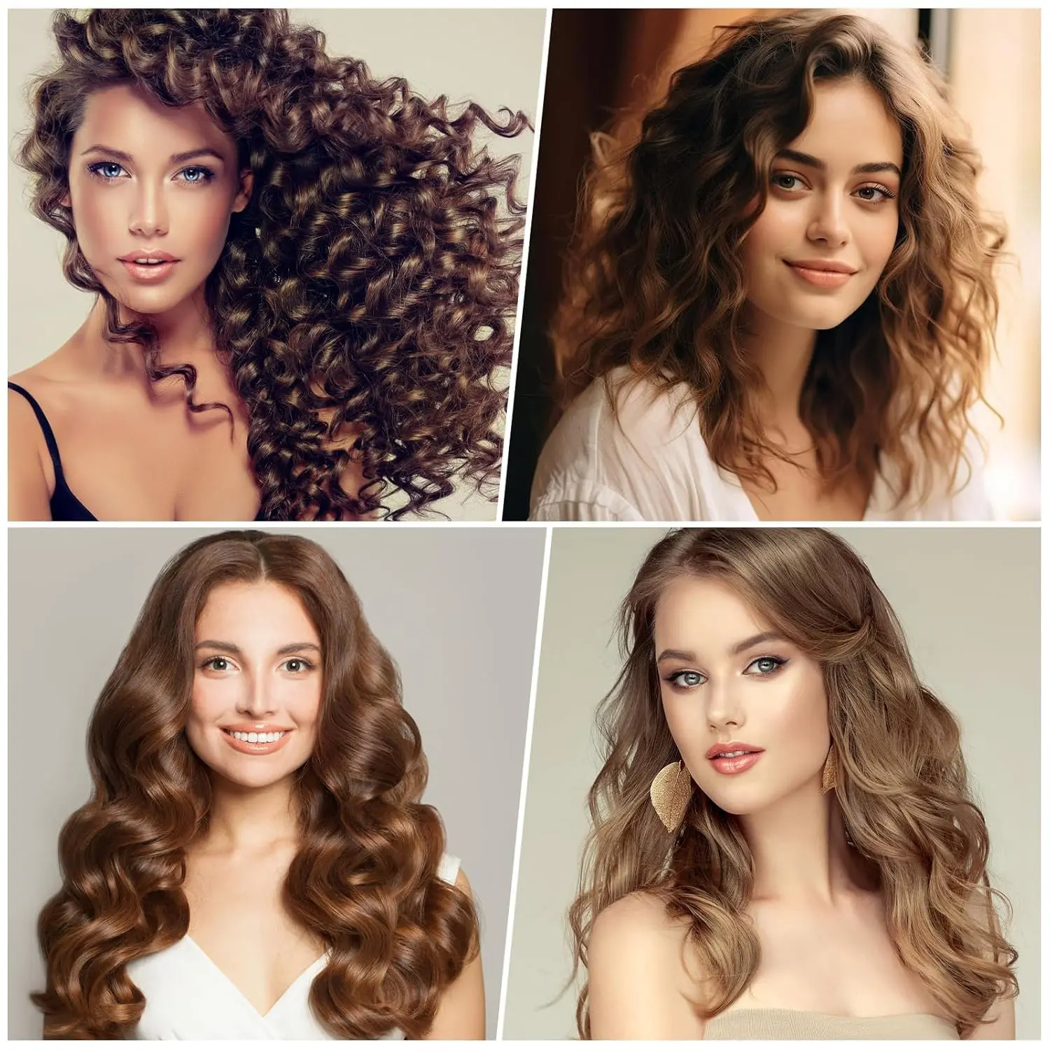 This 50-piece hair roller set includes self-adhesive curlers in four sizes, clips, a rat tail comb, and a storage bag for creating heatless curls for various hair types and styles.