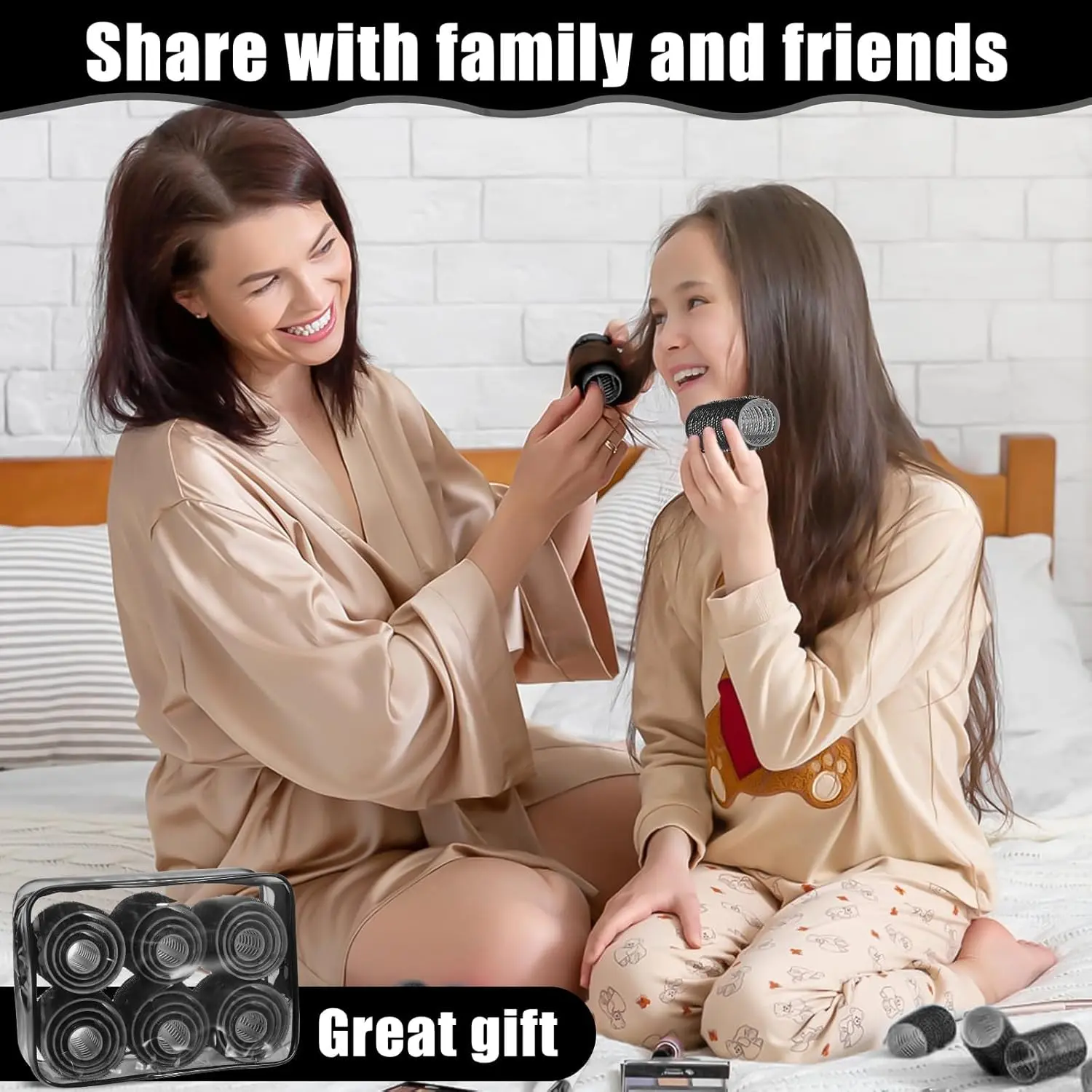 This 50-piece hair roller set includes self-adhesive curlers in four sizes, clips, a rat tail comb, and a storage bag for creating heatless curls for various hair types and styles.