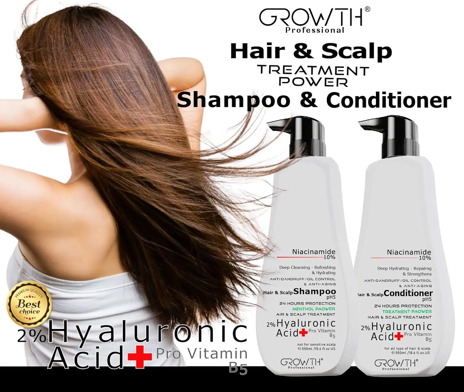 This image shows a hair and scalp treatment set of shampoo and conditioner that helps with dandruff, oil control, anti-aging, and itching, promoting hair regrowth.
