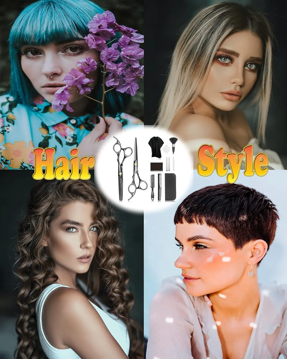 This 12-piece professional hairdressing scissors kit includes thinning shears, cutting shears, clips, and combs, all neatly arranged in a black pouch, suitable for salon use or at-home haircuts for men, women, and children.