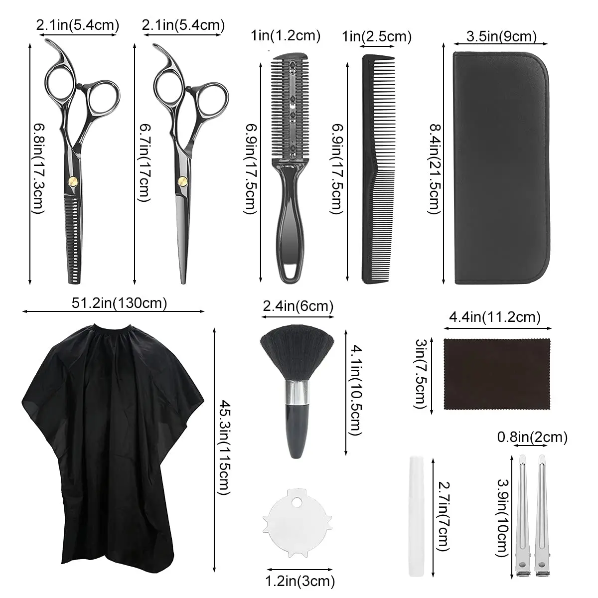 This 12-piece professional hairdressing scissors kit includes thinning shears, cutting shears, clips, and combs, all neatly arranged in a black pouch, suitable for salon use or at-home haircuts for men, women, and children.