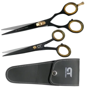 This image displays a black hair scissors set for cutting, trimming, and hairdressing.