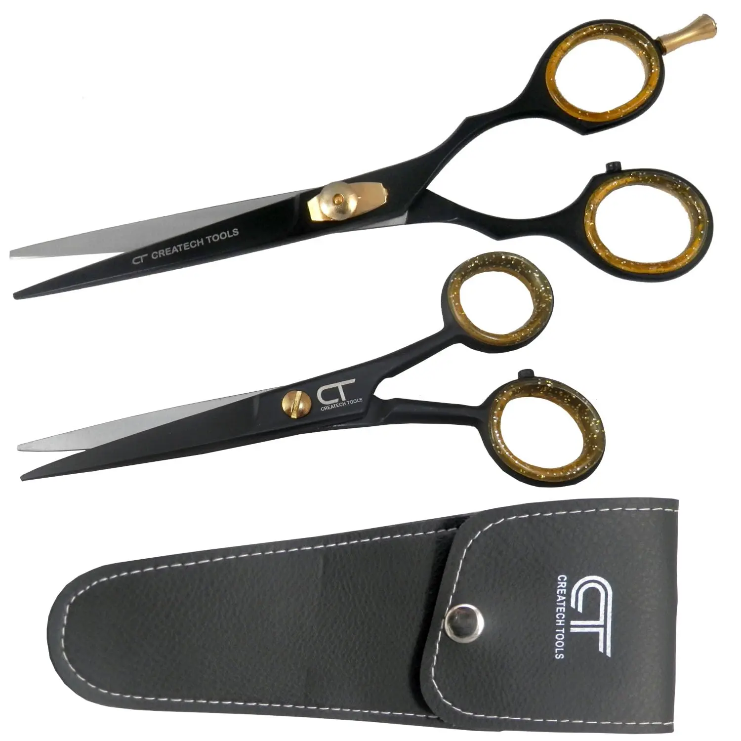 This image displays a black hair scissors set for cutting, trimming, and hairdressing.