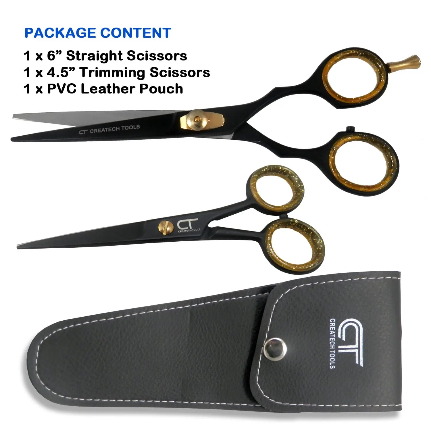 This image displays a black hair scissors set for cutting, trimming, and hairdressing.
