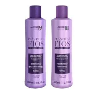 This keratin hair smoothing set includes a shampoo and conditioner for all hair types, designed to maintain salon-treated hair smoothness and shine at home.
