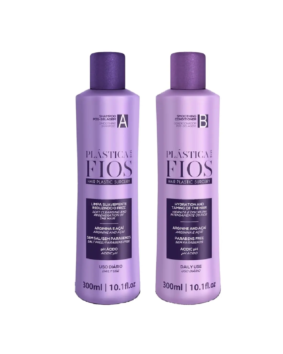 This keratin hair smoothing set includes a shampoo and conditioner for all hair types, designed to maintain salon-treated hair smoothness and shine at home.