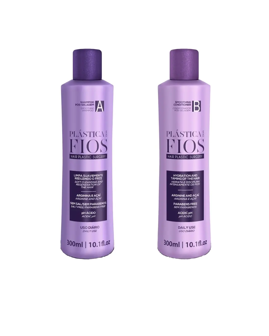 This keratin hair smoothing set includes a shampoo and conditioner for all hair types, designed to maintain salon-treated hair smoothness and shine at home.