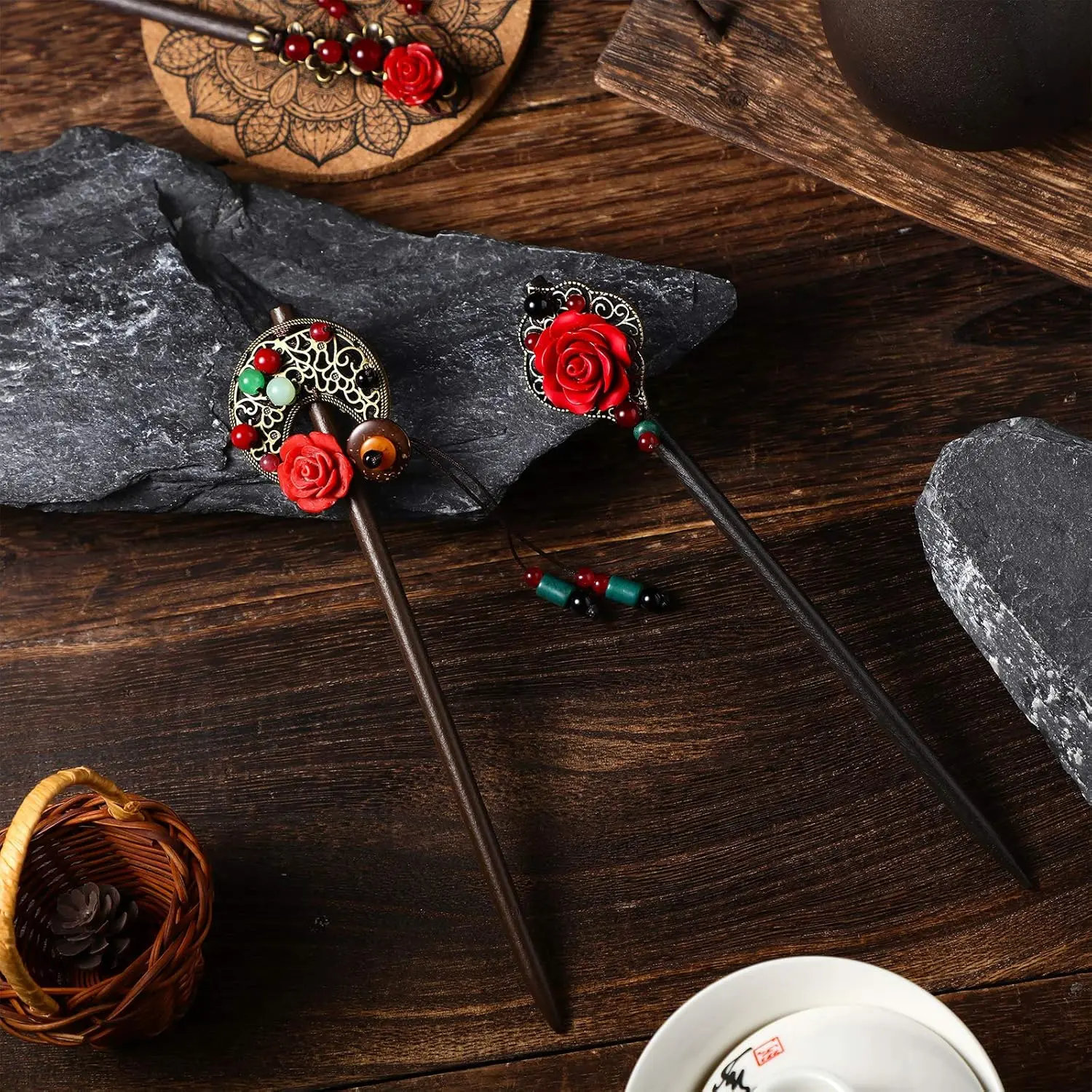 This set features three elegant Japanese and Chinese-inspired wooden hair sticks adorned with retro flower and glass bead accents, perfect for creating stylish and secure updos in medium to long hair.