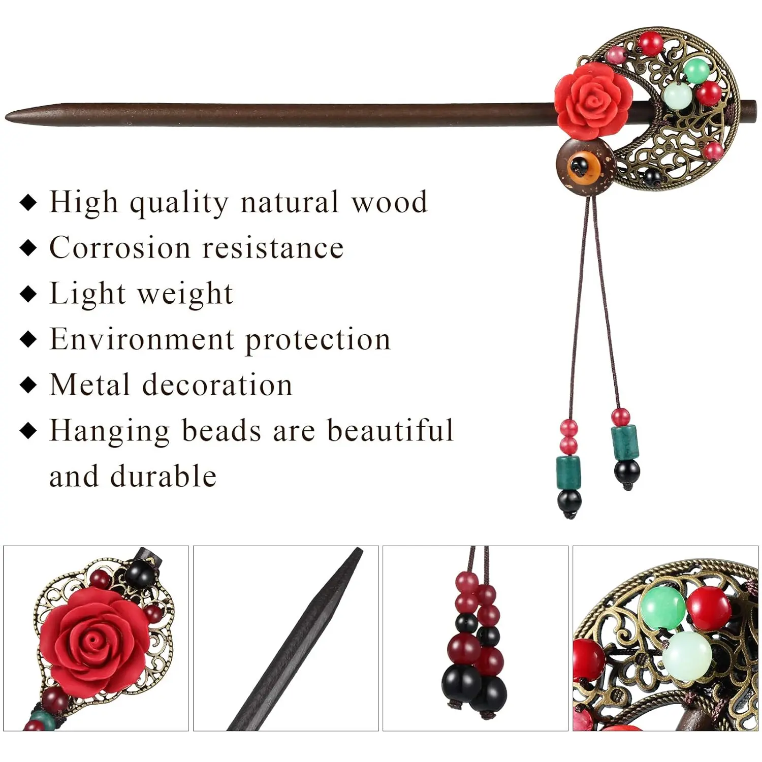 This set features three elegant Japanese and Chinese-inspired wooden hair sticks adorned with retro flower and glass bead accents, perfect for creating stylish and secure updos in medium to long hair.