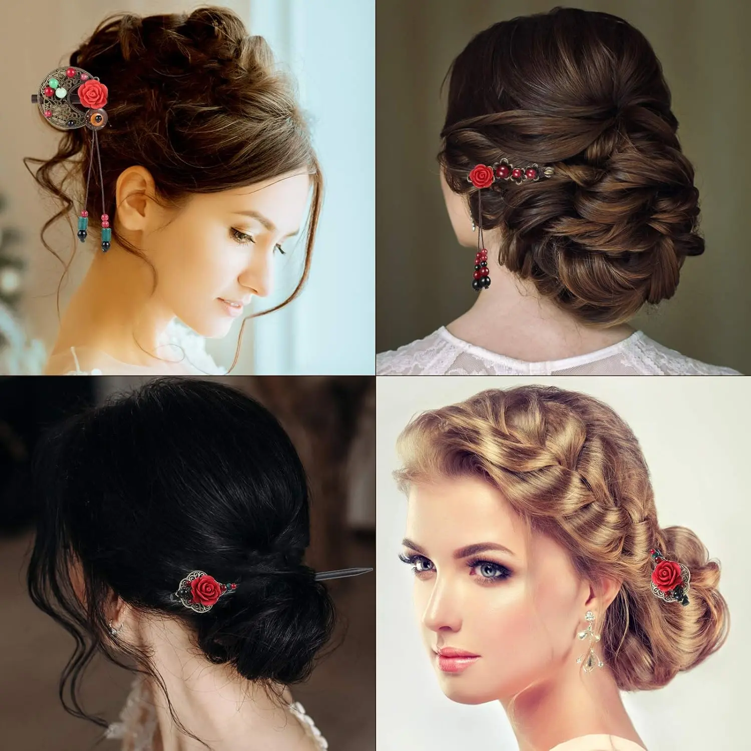 This set features three elegant Japanese and Chinese-inspired wooden hair sticks adorned with retro flower and glass bead accents, perfect for creating stylish and secure updos in medium to long hair.