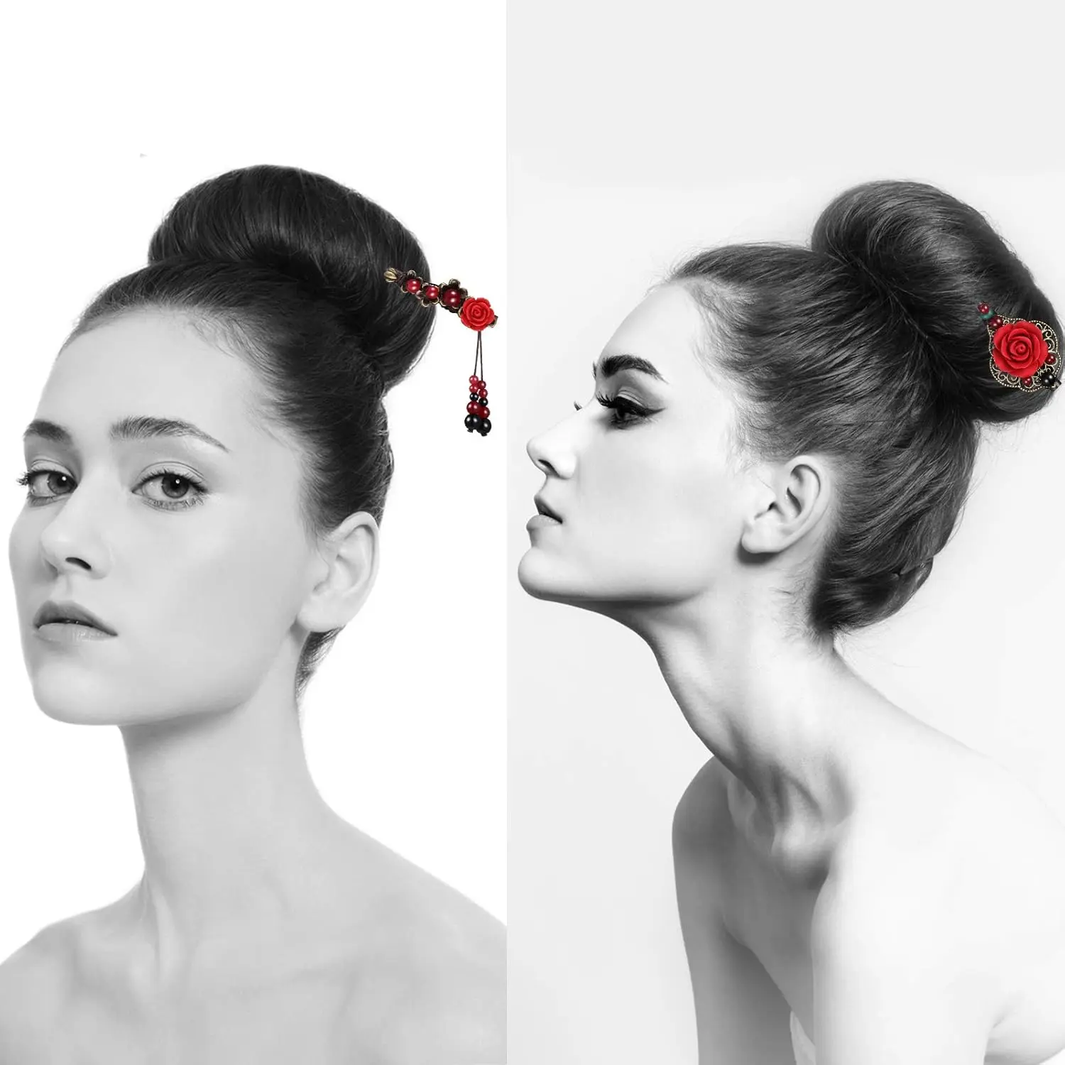 This set features three elegant Japanese and Chinese-inspired wooden hair sticks adorned with retro flower and glass bead accents, perfect for creating stylish and secure updos in medium to long hair.