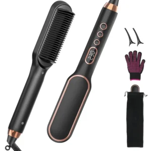 Black 3 in 1 hair straightener brush and comb with five temperature settings for creating smooth, salon-style hair at home.