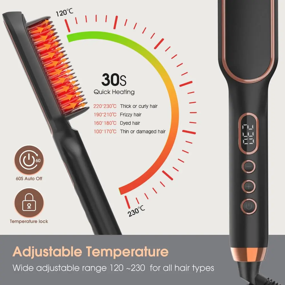 Black 3 in 1 hair straightener brush and comb with five temperature settings for creating smooth, salon-style hair at home.