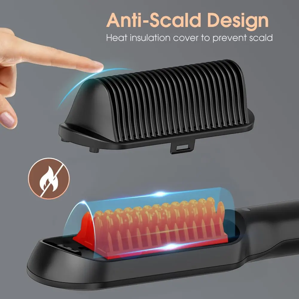 Black 3 in 1 hair straightener brush and comb with five temperature settings for creating smooth, salon-style hair at home.