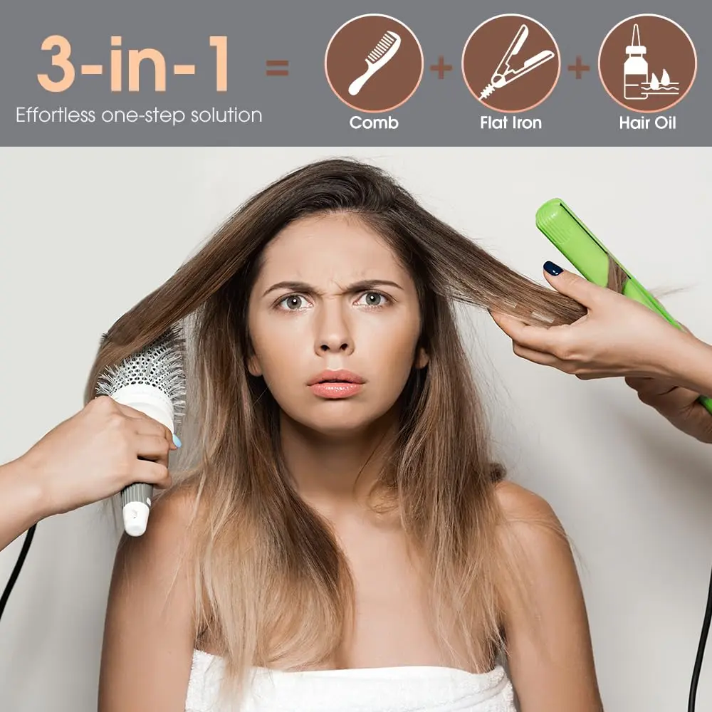 Black 3 in 1 hair straightener brush and comb with five temperature settings for creating smooth, salon-style hair at home.