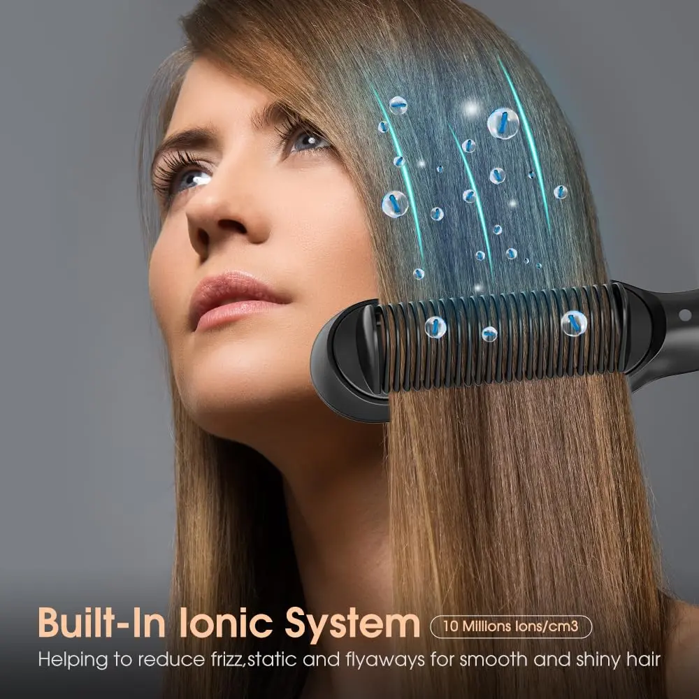 Black 3 in 1 hair straightener brush and comb with five temperature settings for creating smooth, salon-style hair at home.