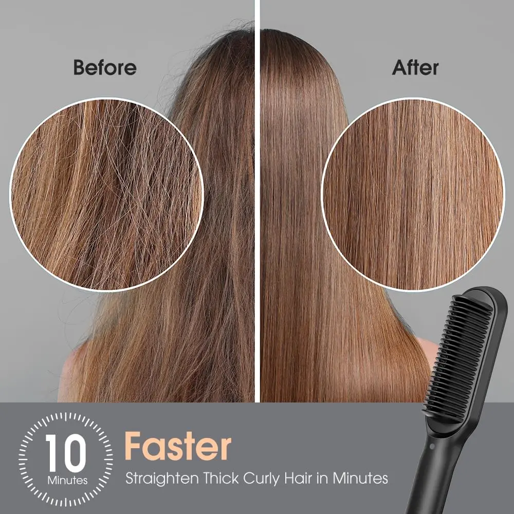 Black 3 in 1 hair straightener brush and comb with five temperature settings for creating smooth, salon-style hair at home.