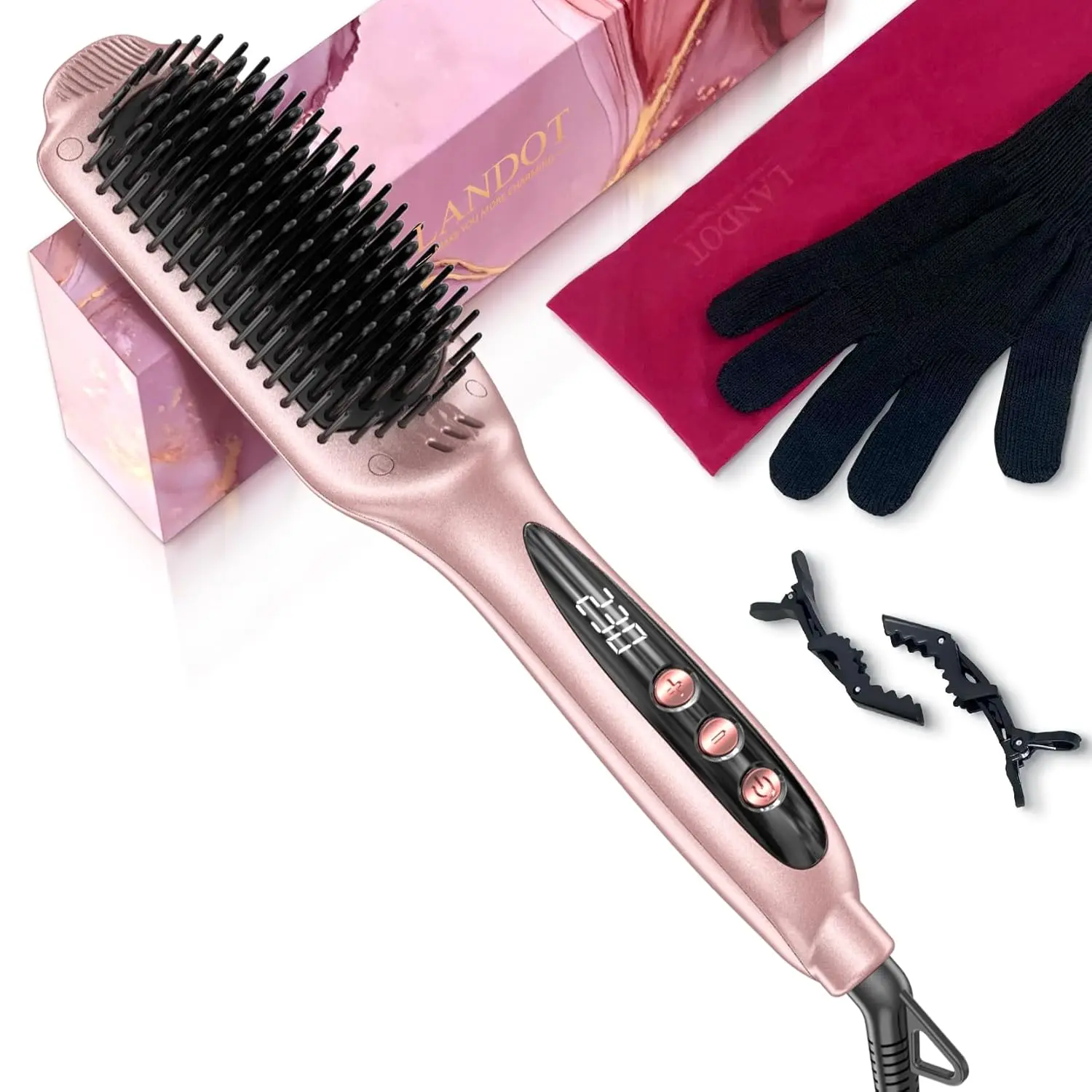 Rose gold hair straightening brush with heated ceramic bristles for smooth, frizz-free hair and healthy styling.