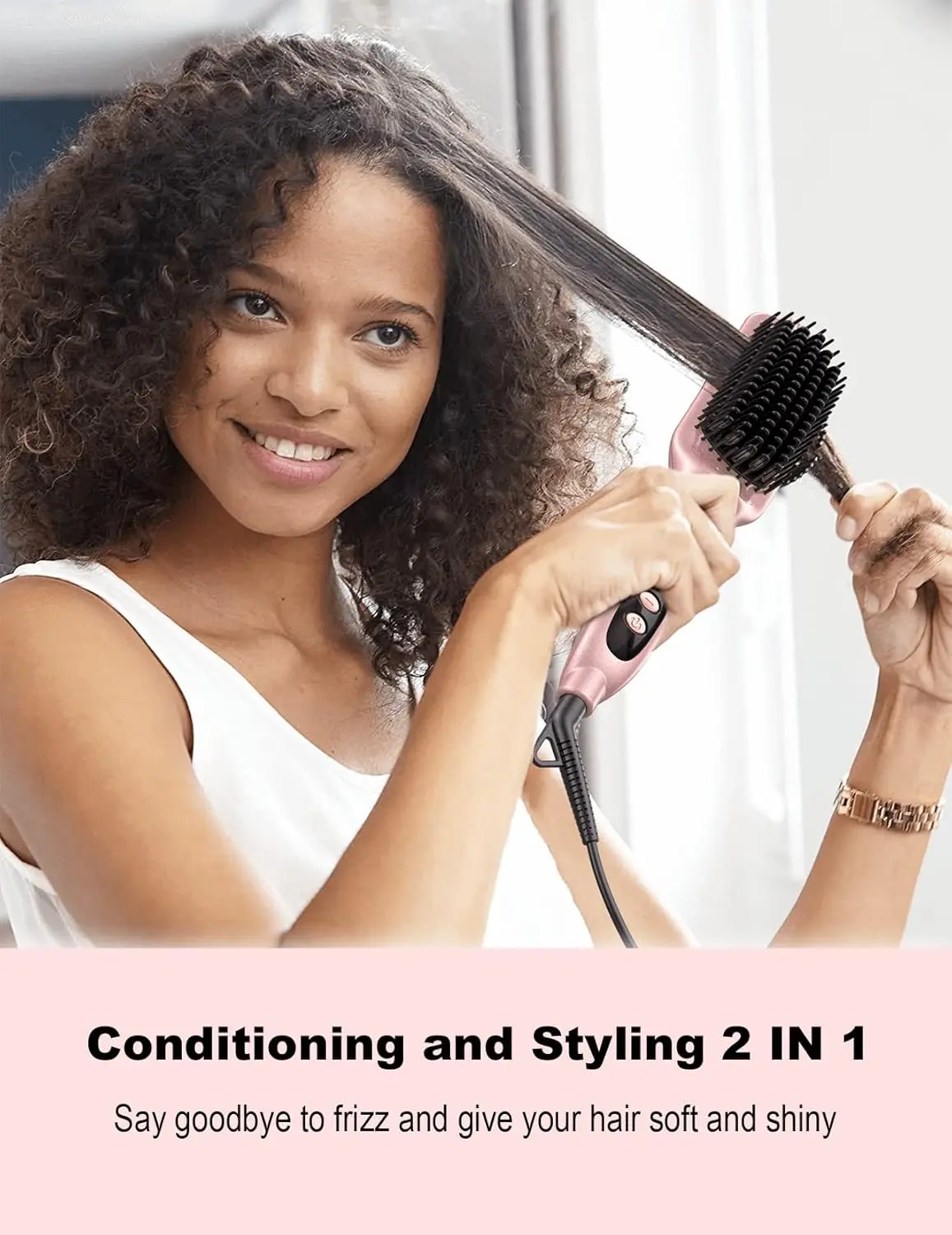 Rose gold hair straightening brush with heated ceramic bristles for smooth, frizz-free hair and healthy styling.