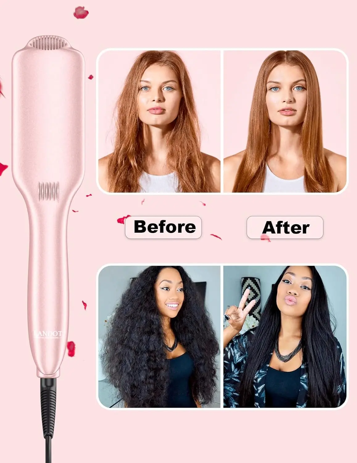 Rose gold hair straightening brush with heated ceramic bristles for smooth, frizz-free hair and healthy styling.