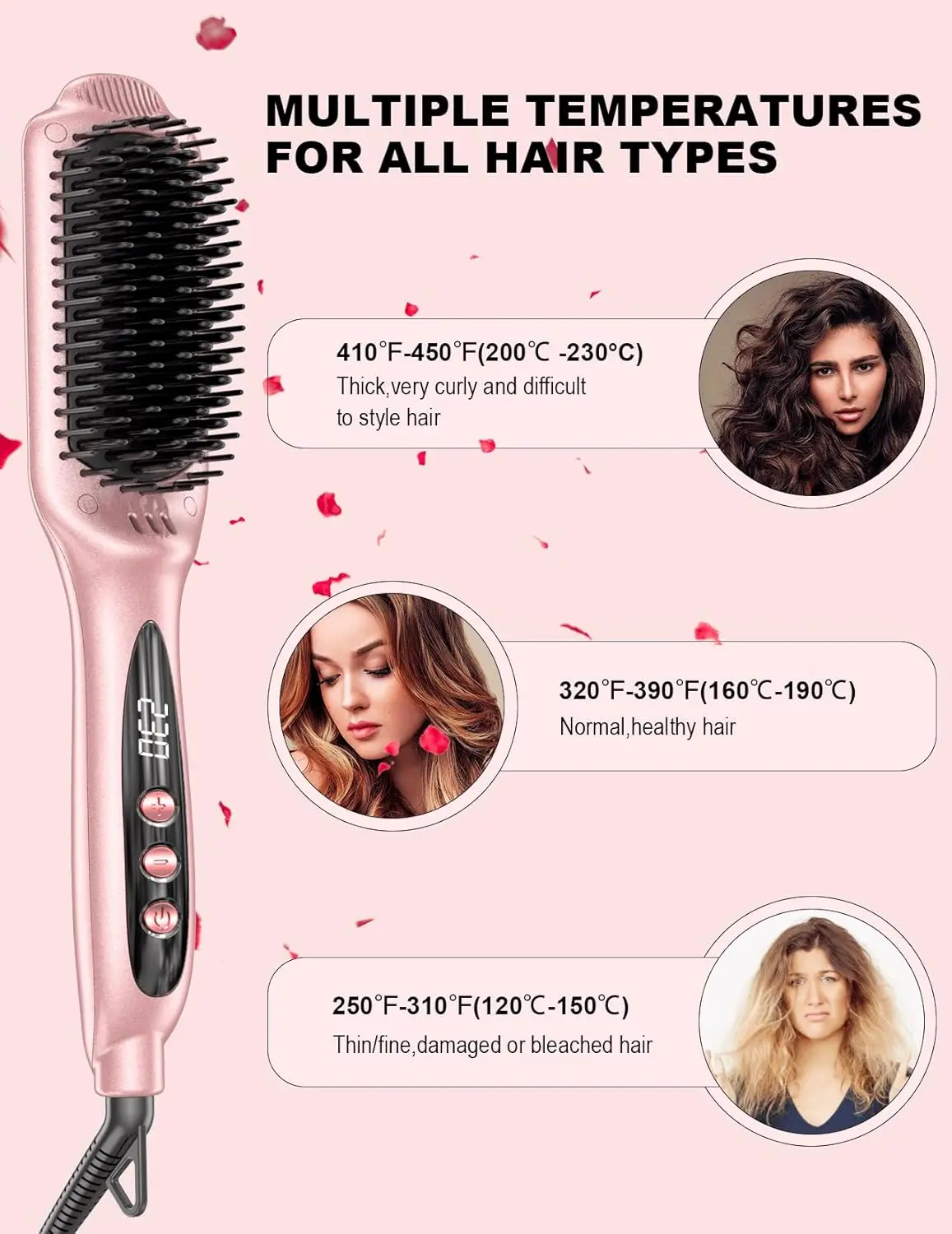Rose gold hair straightening brush with heated ceramic bristles for smooth, frizz-free hair and healthy styling.