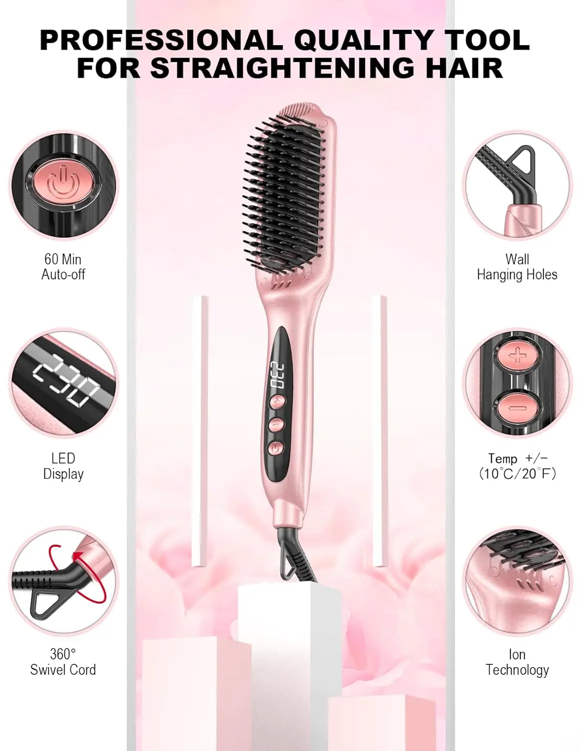 Rose gold hair straightening brush with heated ceramic bristles for smooth, frizz-free hair and healthy styling.