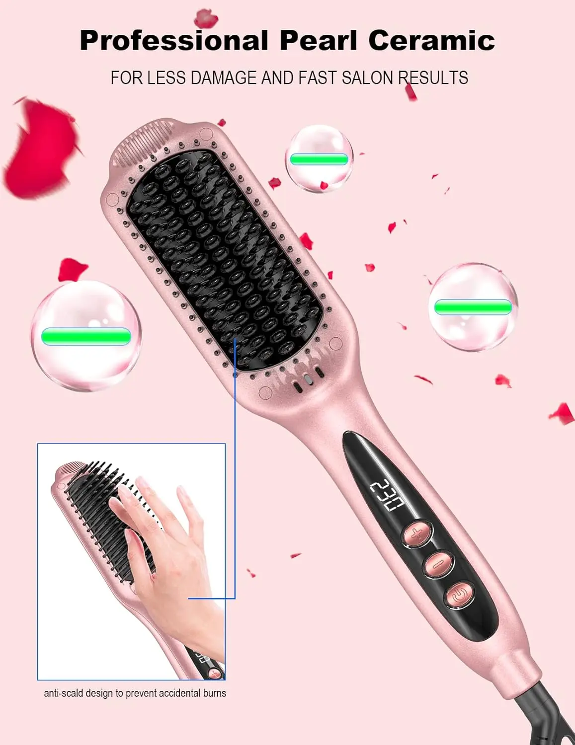 Rose gold hair straightening brush with heated ceramic bristles for smooth, frizz-free hair and healthy styling.