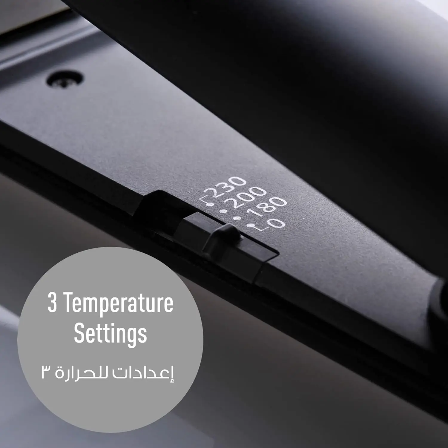 Black and pink Panasonic hair straightener with keratin and botanical oil coated plates for quick, long-lasting styles and featuring three temperature settings.