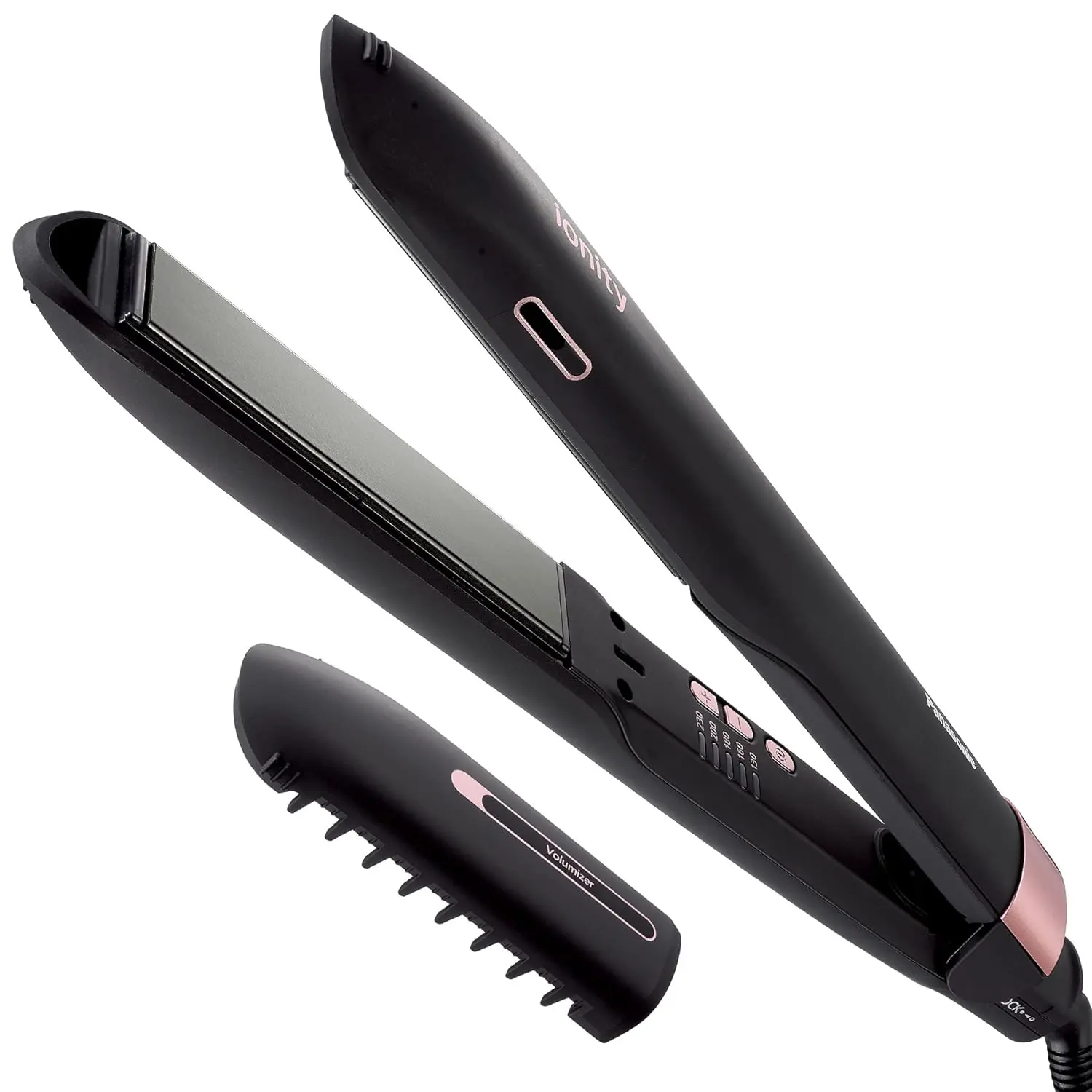 Black and pink Panasonic hair straightener with keratin and botanical oil coated plates for quick, long-lasting styles and featuring three temperature settings.