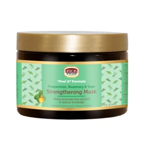 African Pride Feel It Formula hair mask infused with peppermint, rosemary, and sage oil to stimulate scalp, hydrate hair, and promote healthy growth for all hair types.