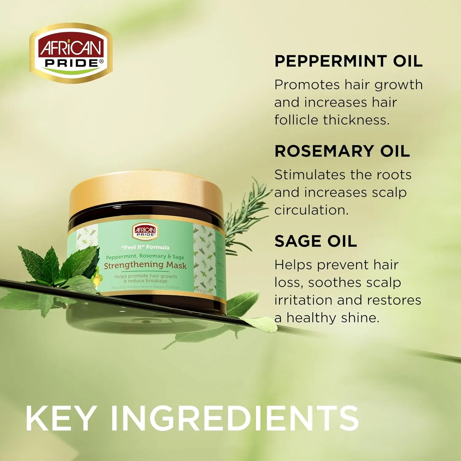 African Pride Feel It Formula hair mask infused with peppermint, rosemary, and sage oil to stimulate scalp, hydrate hair, and promote healthy growth for all hair types.