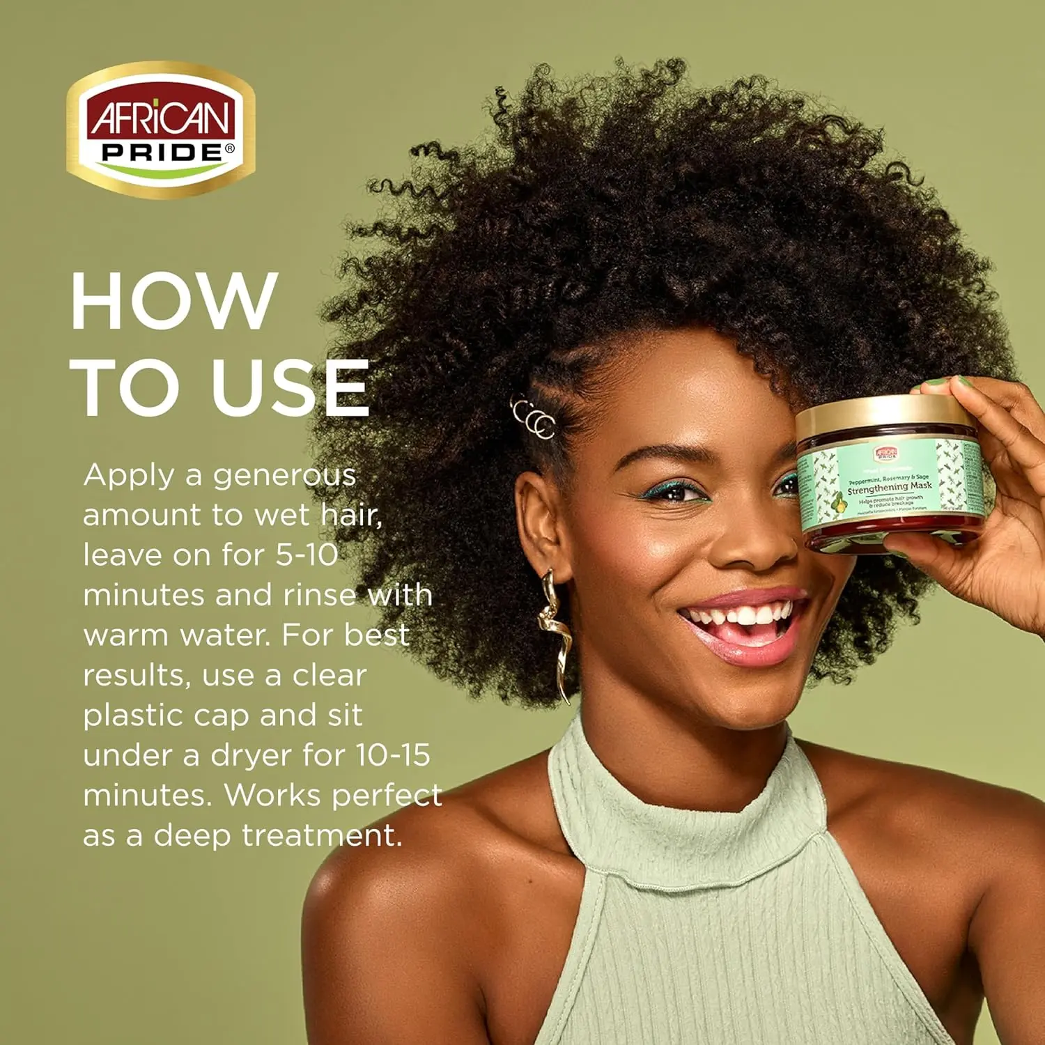 African Pride Feel It Formula hair mask infused with peppermint, rosemary, and sage oil to stimulate scalp, hydrate hair, and promote healthy growth for all hair types.
